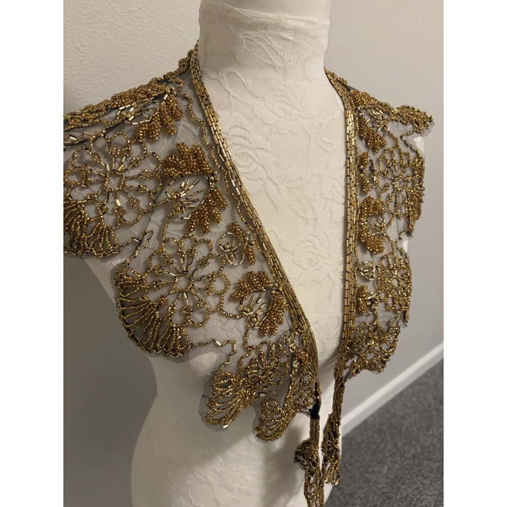 Vtg. Victorian Style Gold Glass Beaded Collar Scarf ~Scalloped Evening Glam NWT - Picture 4 of 13